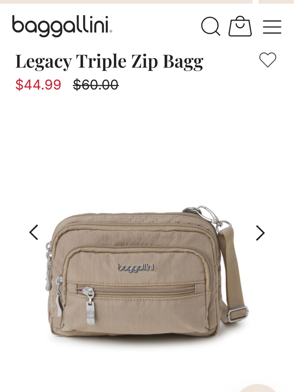 Baggallini Legacy Triple Zip crossbody bag.